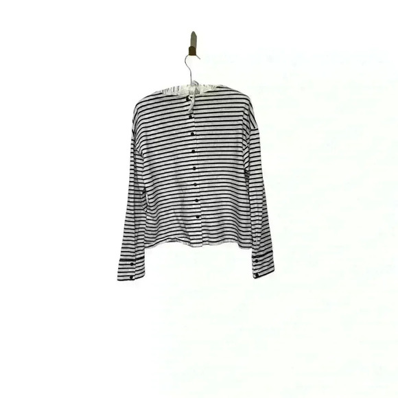 Who What Wear Long Sleeve Black White Nautical Striped Shirt Button Detail, S - Picture 2 of 6